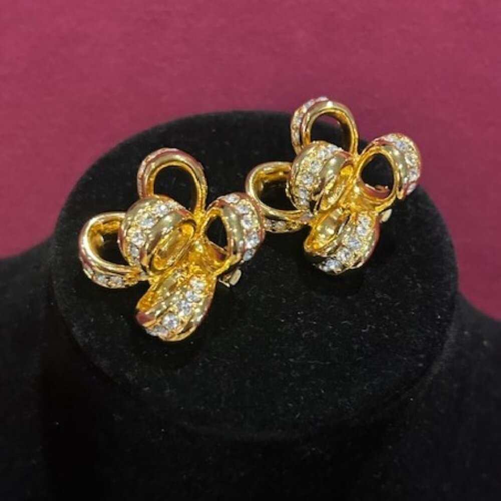 KJL Kenneth Jay Lane Gold Ribbon Bow Rhinestone EARRINGS